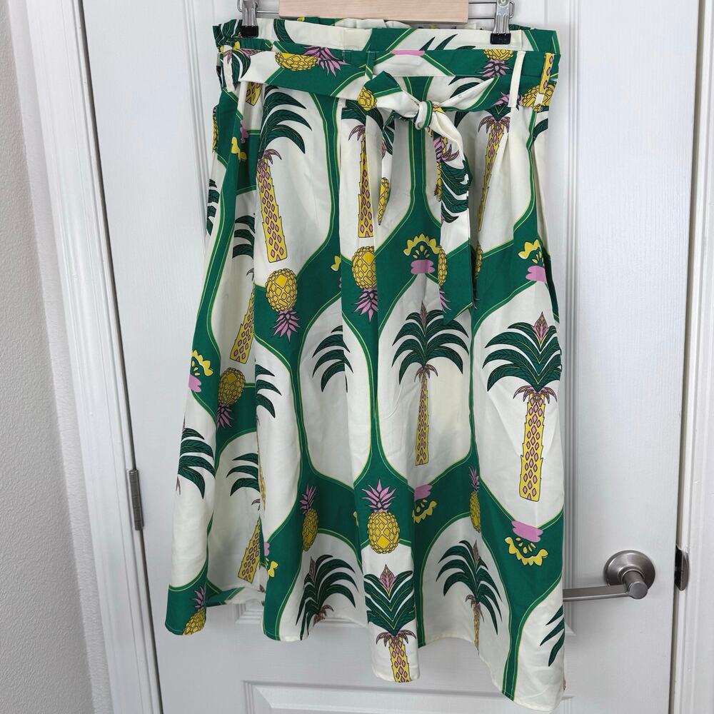 Her Destiny Midi Flowy Pull On Skirt Women’s XL Tie Belt Pineapple Green Ivory